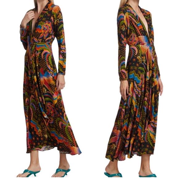 FARM RIO Macaw Island Printed Maxi Dress Tropical Vacation XS Black - Picture 2 of 16